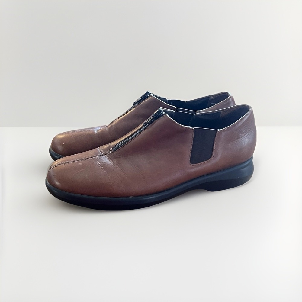 Munro American Brown Leather Zip Slip On Shoes Women's 8 Comfort Casual Office
